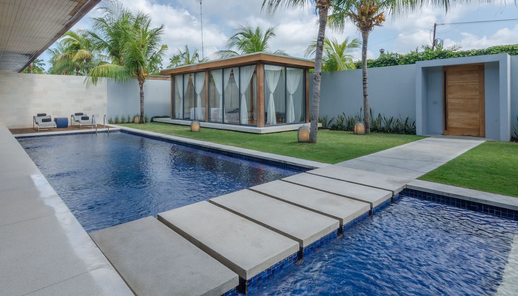 bridge that floats across swimming pool