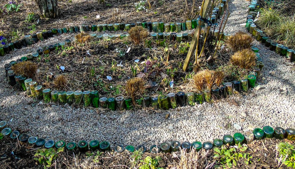 glass bottles used as garden edging