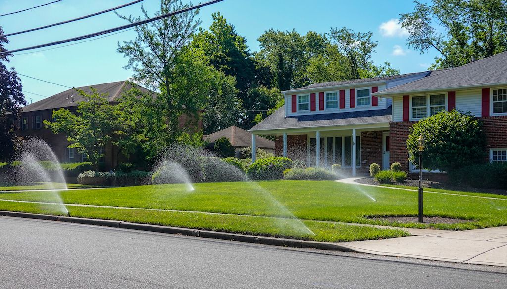 sprinkler watering the front yard