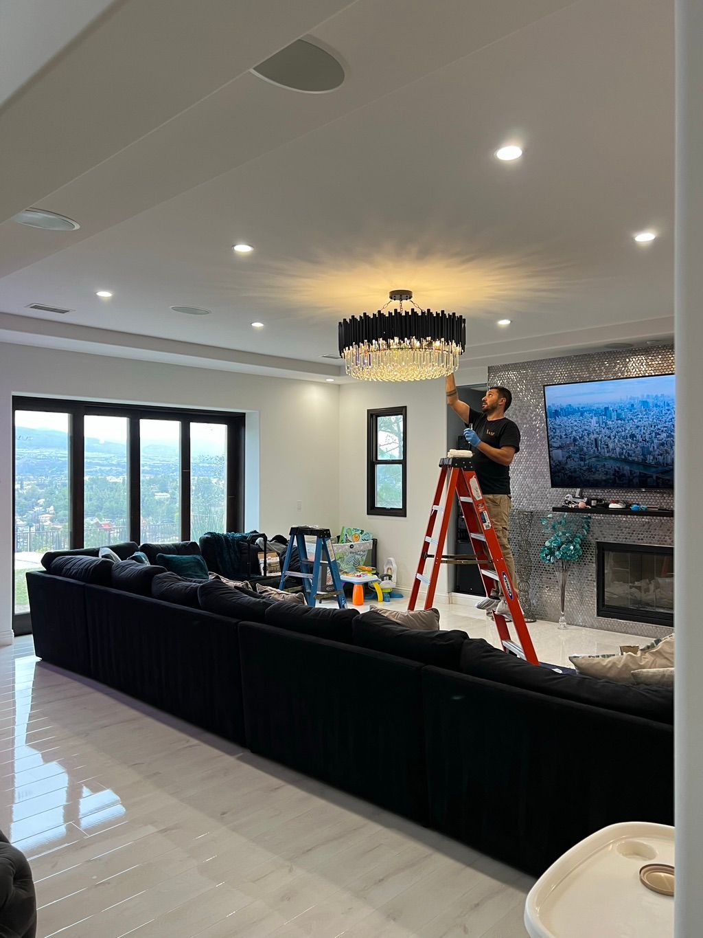 High end chandelier installation

