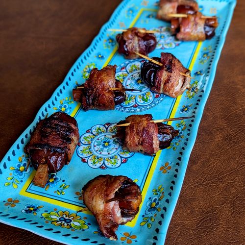 Chorizo stuffed, bacon-wrapped dates.