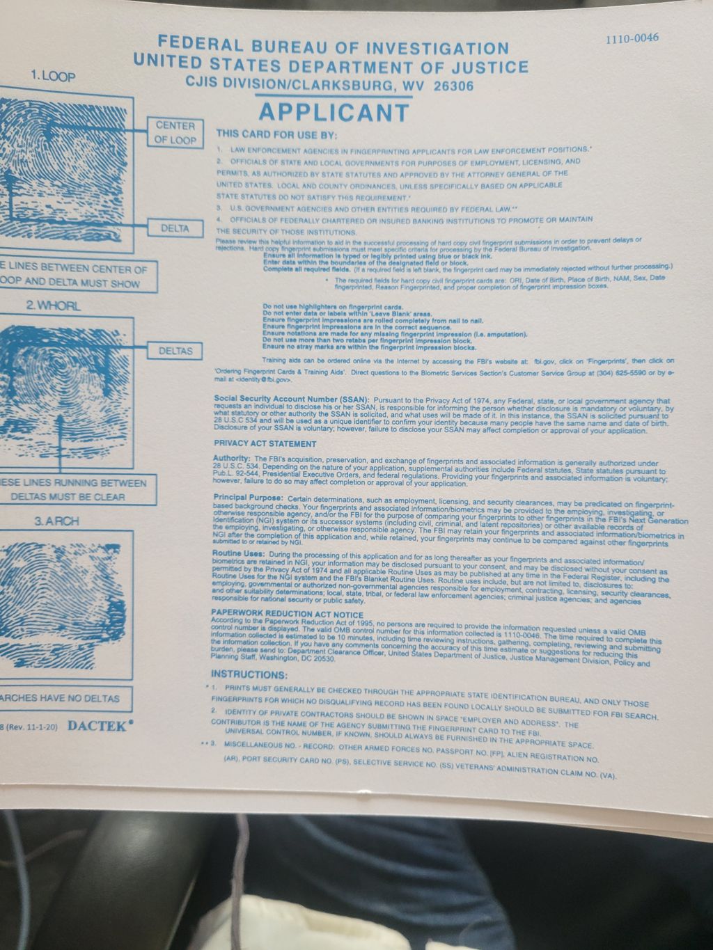 Ink Fingerprinting Cards Provided 