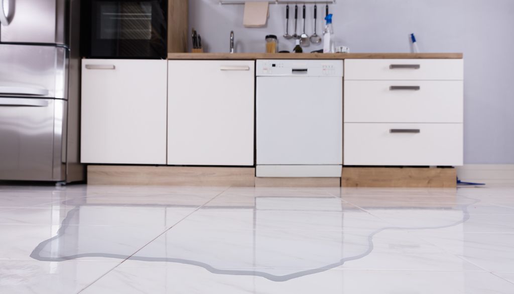 water on kitchen floor caused by dishwasher leak