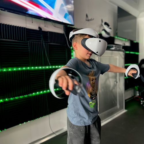 A satisfied customer playing games in virtual real
