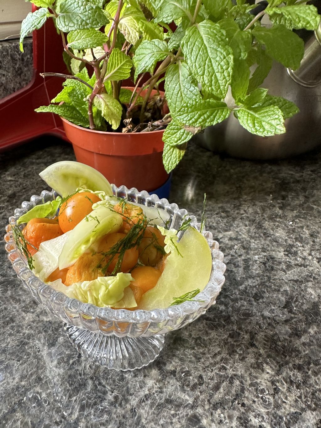 Sungold tomatos, pickled green tomato, tofu cream,
