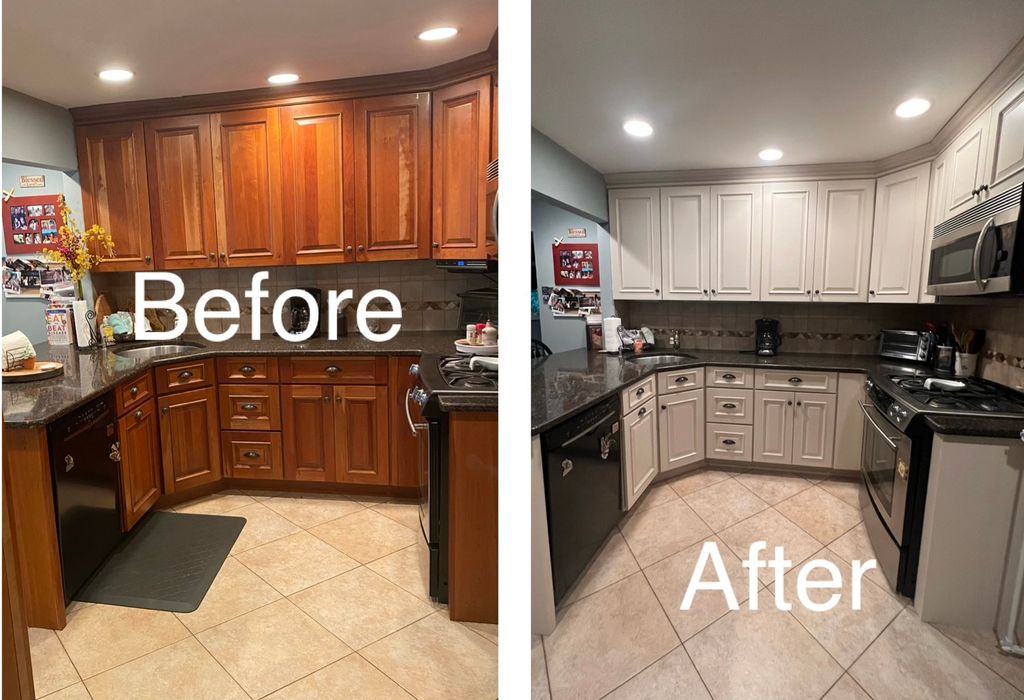 CABINETS: cleaned, sanded and sprayed. WALLS & TRI