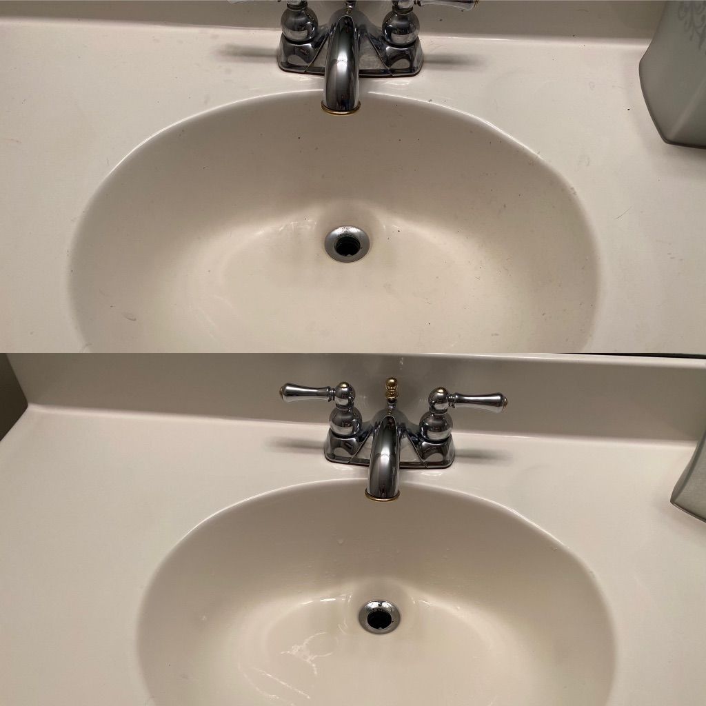 Before and after sink with paint stains 