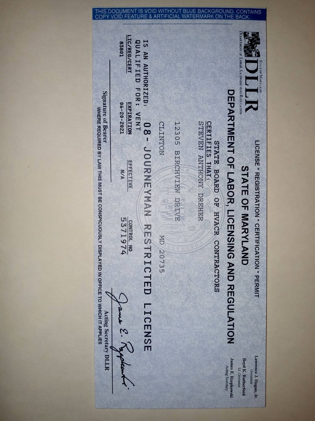 Maryland State HVACR Journeyman License