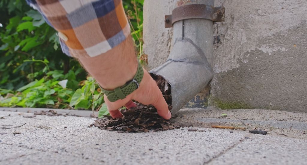 hand unclogging dirty gutter downspout