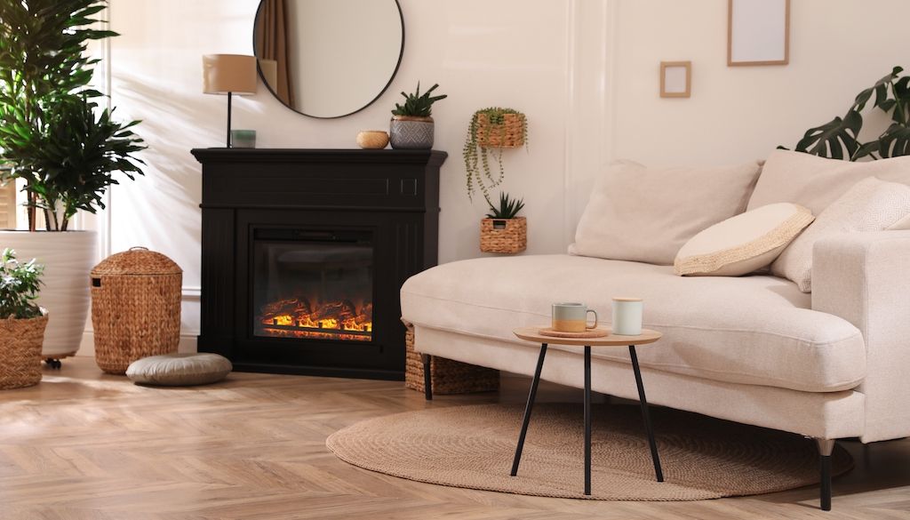 cozy fireplace with light color furniture