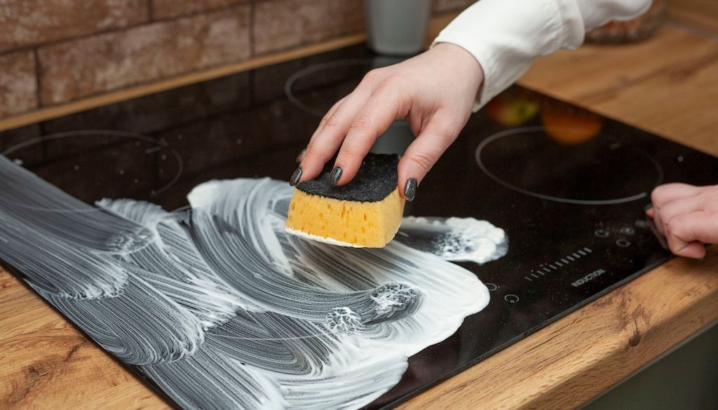 person wiping down induction stove with sponge and soap