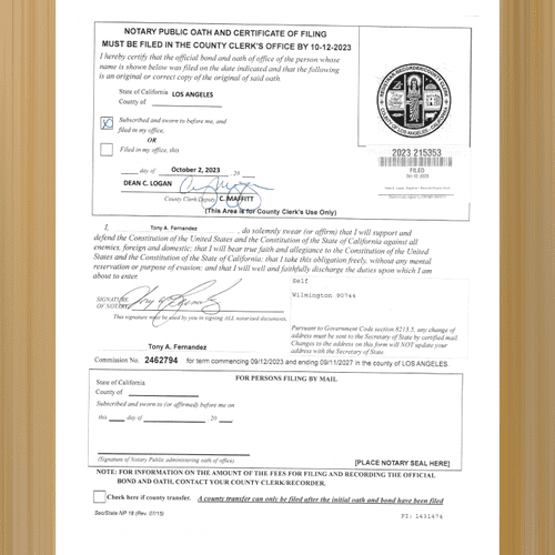 Notary Public Oath, Certificate of Filing 10/223 