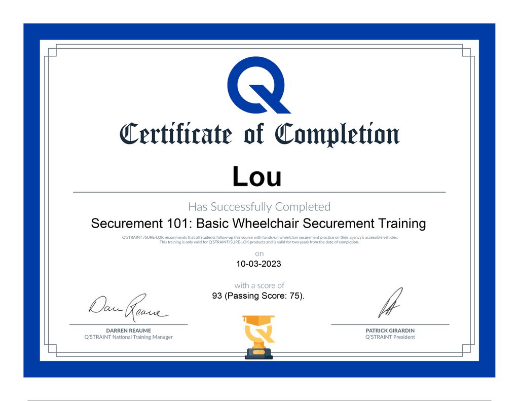 Lou W certificate of completion