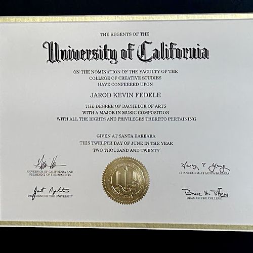 B.A. In Music Composition from UC Santa Barbara.