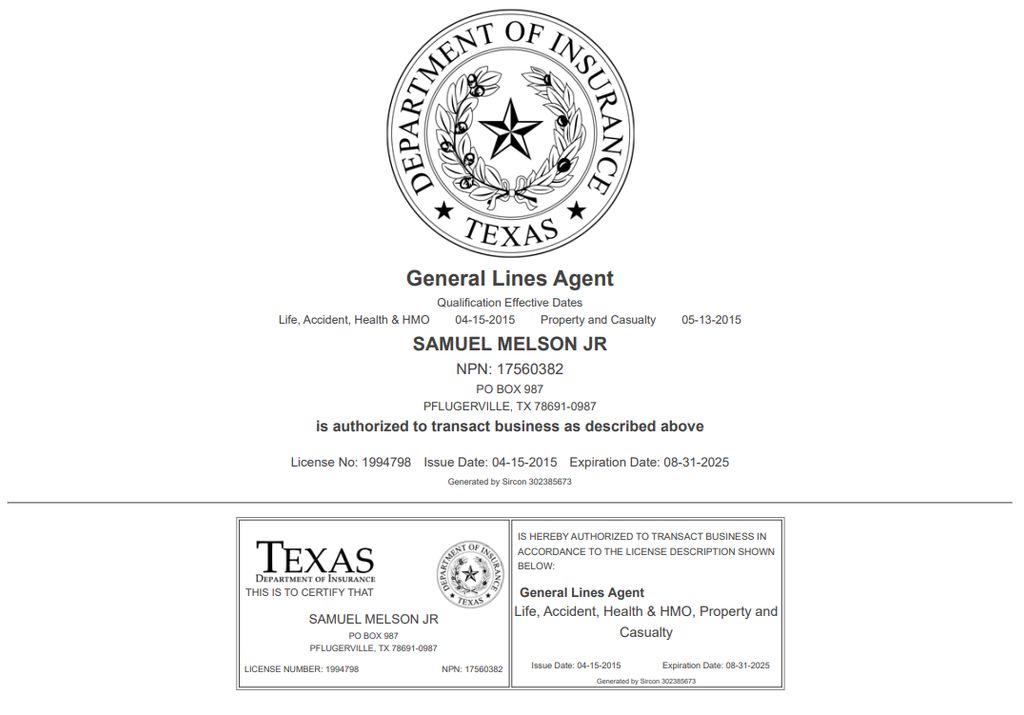 Texas Insurance License since 2015