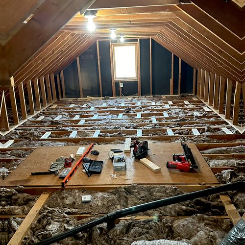 fiberglass insulation installed and plywood floori