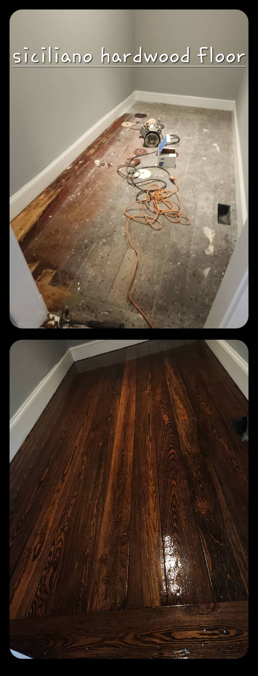 before and after sanding and staining dark walnut