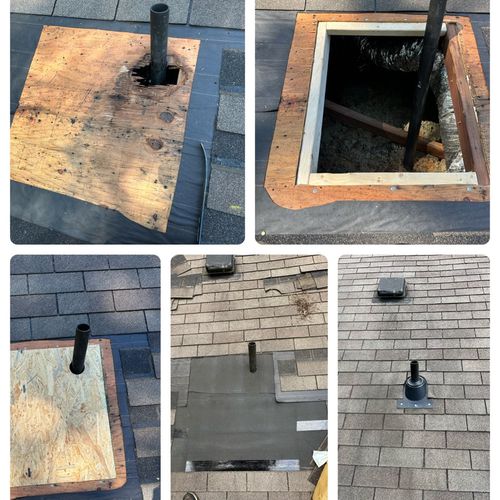 Leaking vent pipe flashing. Roof deck repair!