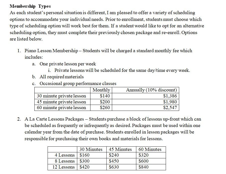 Lesson Types/Rates