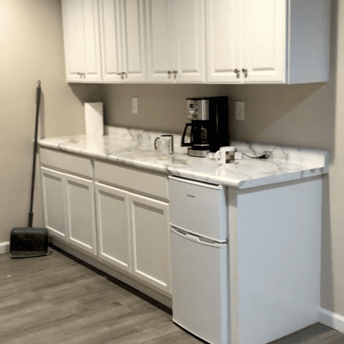 New cabinetry, flooring, and countertop.