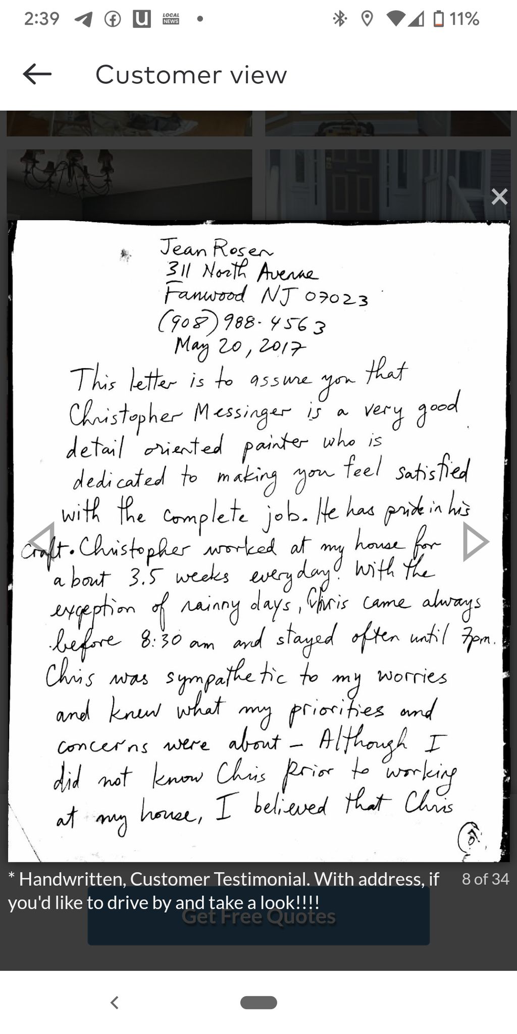 Another handwritten testimonial from a satisfied c