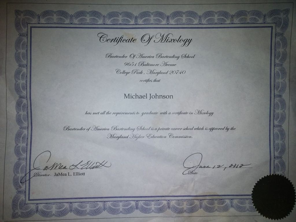 Certificate Of Mixology 
