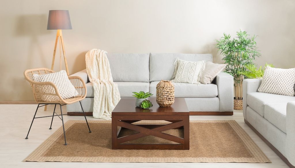 cool and soothing living room with beige or cream painted walls