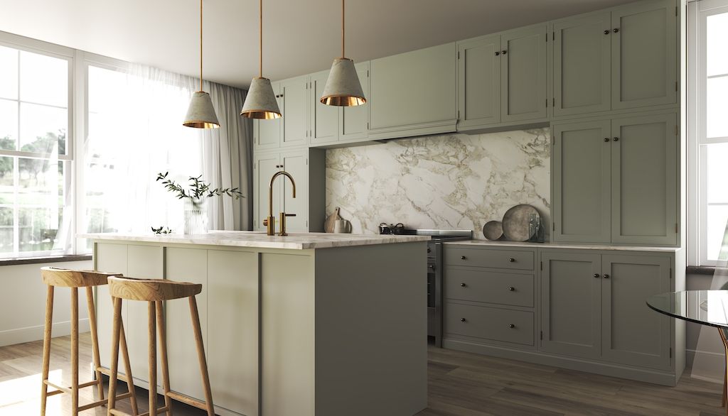 kitchen with light green cabinets