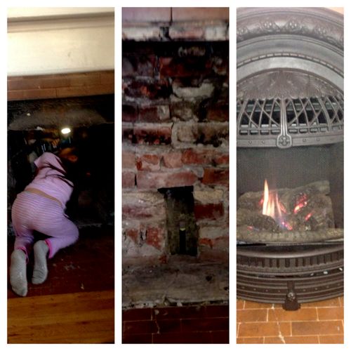 fireplace insert and my daughter peeking up the ch