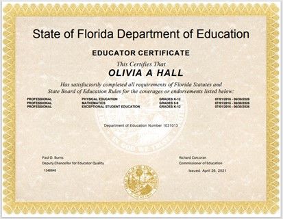 State of Florida Teaching Certificate