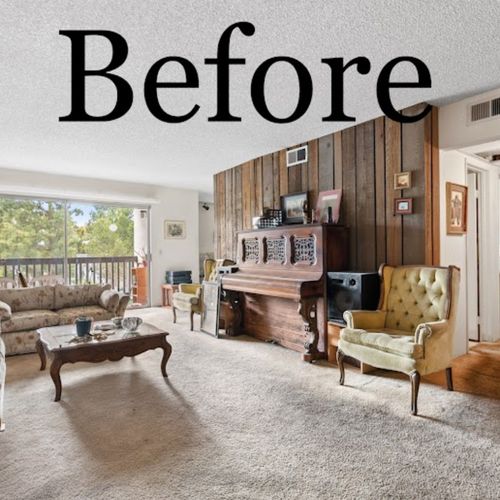 Outdated carpet and damaged original hardwood that