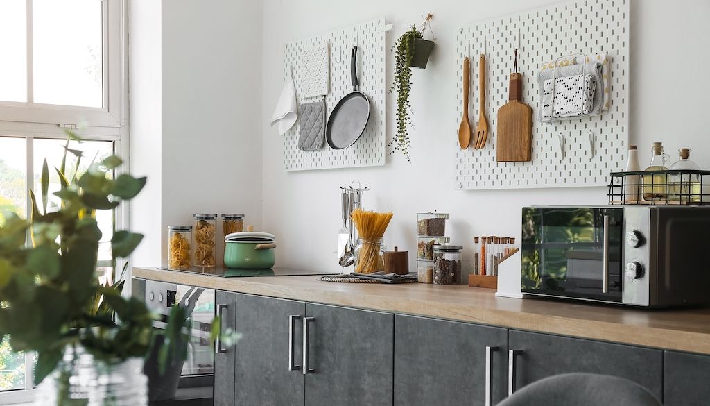 kitchen racks on wall above counters