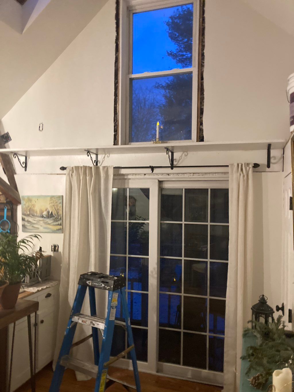 Shelf and curtains started but not finished 