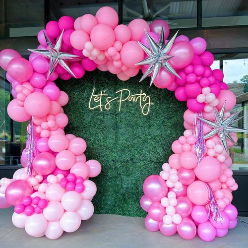 Pink let’s party balloon garland balloon wall phot