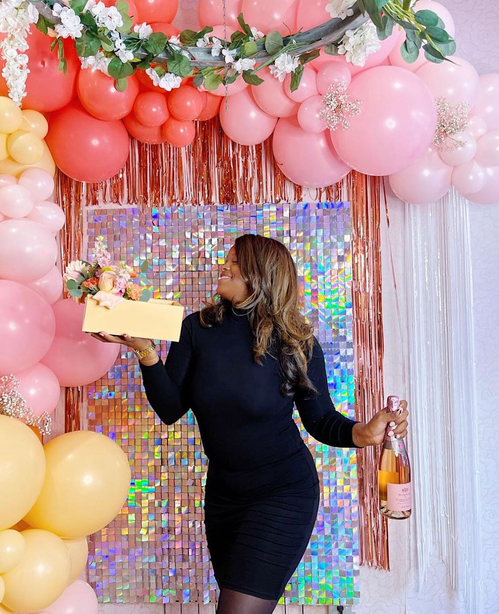 Pink flowers floral shimmer wall balloon arch