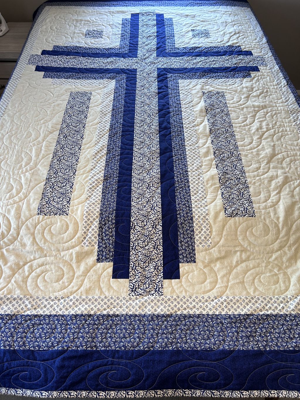 Farm Cross Queen Size quilt pieced and quilted wit