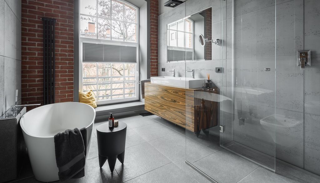 industrial bathroom remodel design with brick walls
