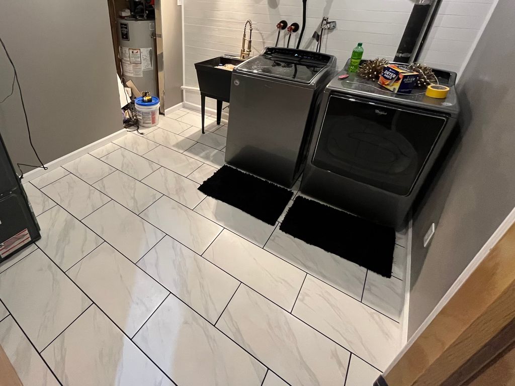 Laundry room remodel- sprayed ceilings black, dryw