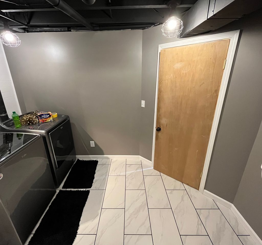 Laundry room remodel- sprayed ceilings black, dryw