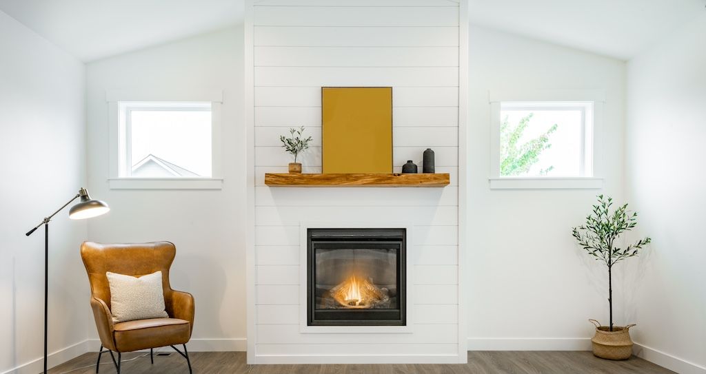 fireplace with wood mantle