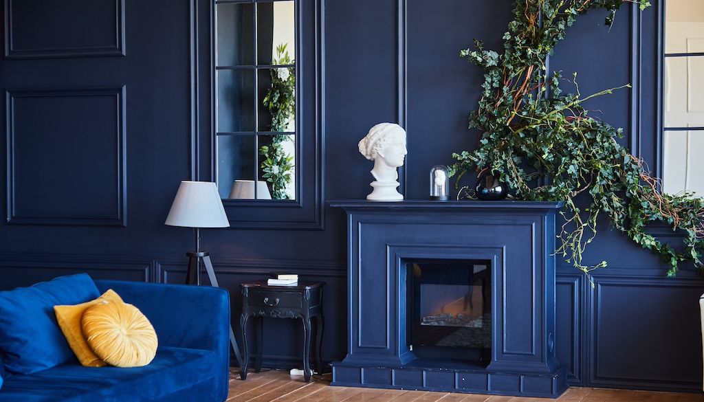 all blue fireplace and wall