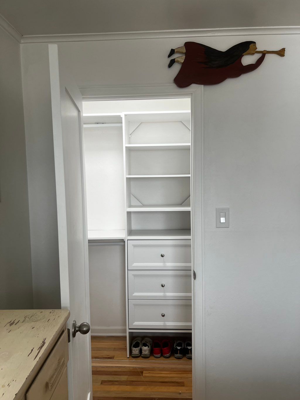 Closet 2 after, added lighting, framing, drywall, 