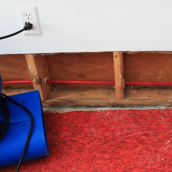 Dehumidifier near water damaged drywall