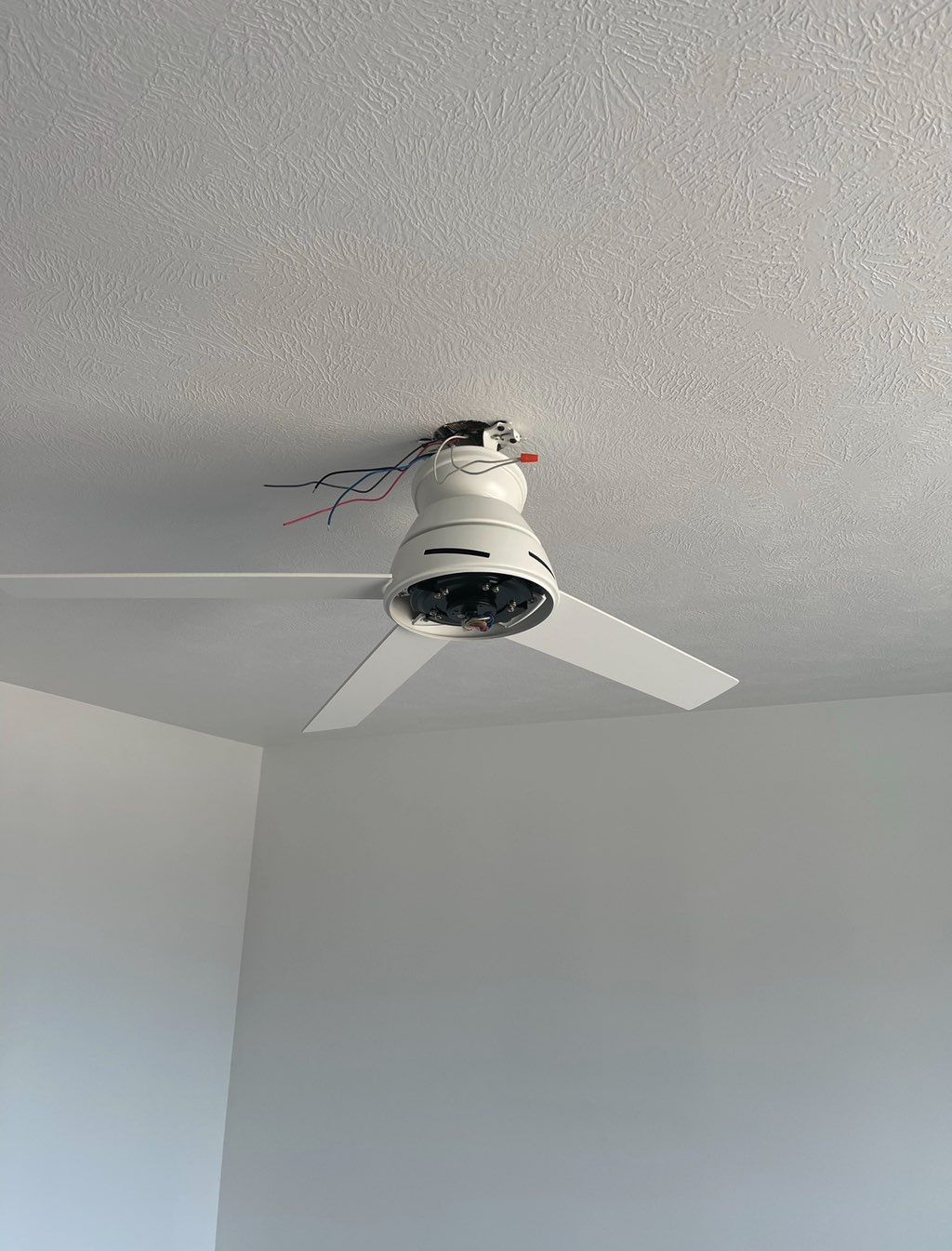 Hung new construction ceiling fan. Power to light 