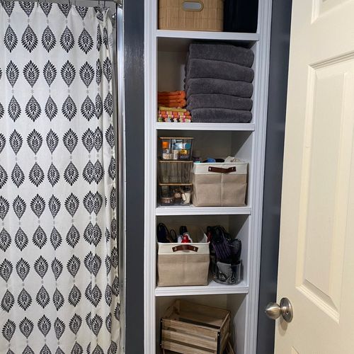 Bathroom cubby organizing after remodeling 