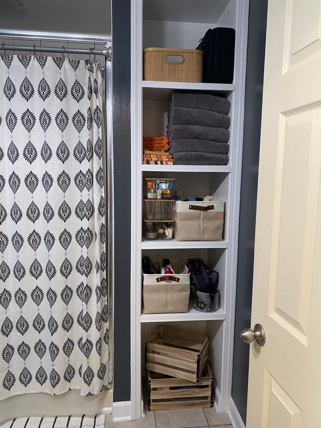 Bathroom cubby organizing after remodeling 