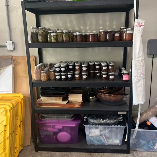 Shelves cleaned and canning items/ serving dishes 