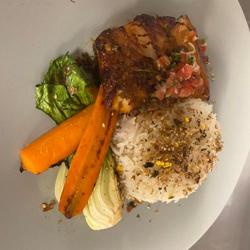 Marinated butter fish with rice and vegetable 