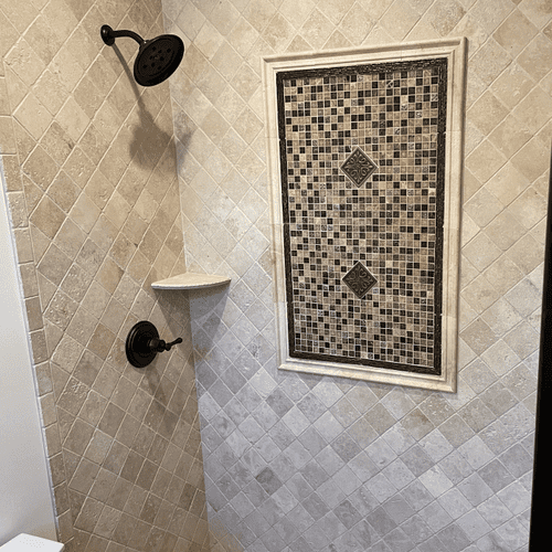 Travertine Shower w/ Glass mosaic Accent 