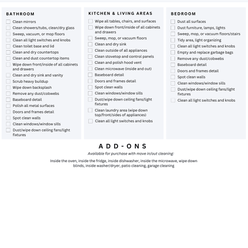 Move In/Out Cleaning Checklist